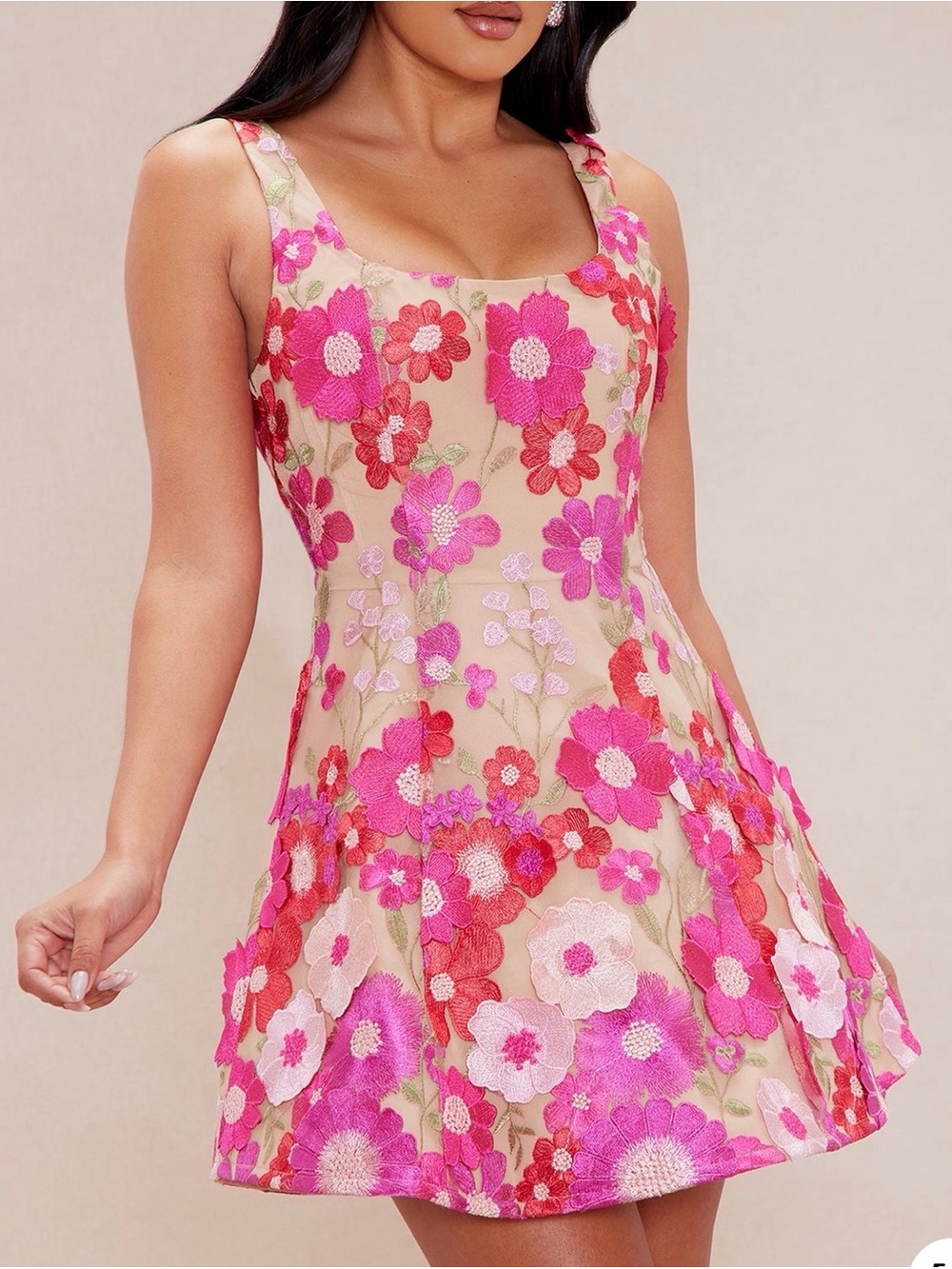 Fashion Nova Nude Floral Appliqué Mini Dress with Pink & Fuchsia Flowers